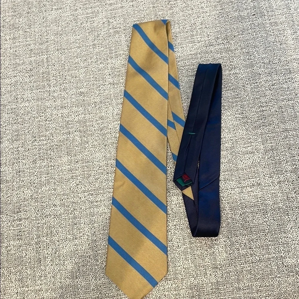 Tommy Hilfiger Gold and Blue Striped 100% Silk Necktie